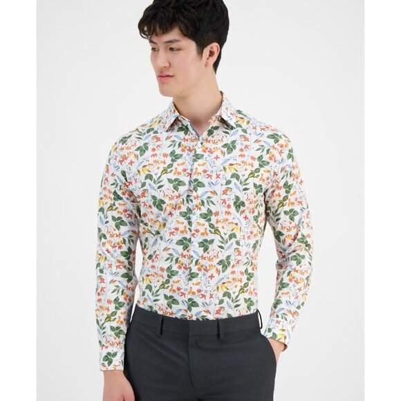 Bar Iii Mens Slim fit Dress Shirt Medium 15-15.5 White Green Floral MSRP $70 - Picture 1 of 4